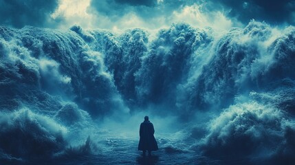 Obraz premium A figure stands before towering waves, evoking themes of nature's power and human vulnerability.