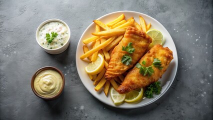 A Delicious Plate of Crispy Fried Fish and Golden French Fries Served with Creamy Dips and Lemon Wedges