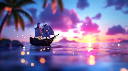 Tranquil sunset seascape with sailboat near a tropical beach
