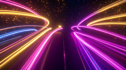 Fototapeta premium Colorful neon light trails streak across dark space; cosmic background; perfect for tech, energy, or speed concepts