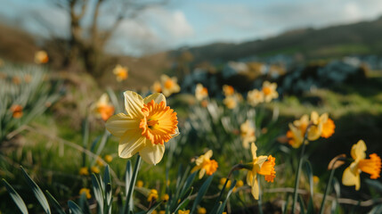 Fototapeta premium Daffodil flower blooming in spring landscape