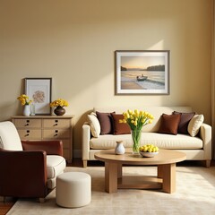 Bright and Inviting Living Room with a Cozy Sofa, Stylish Armchair, Tulip-Adorned Table, Poster Frame, Round Pouf, Beige Sideboard, and Decorative Pitcher.