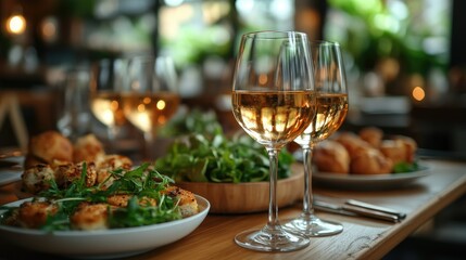 A beautifully set dining table with glasses of wine and an assortment of delicious food.