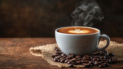 Steaming latte art in a cup on burlap with coffee beans.
