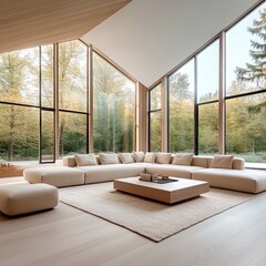 Fototapeta premium Minimalist Living Room with Beige Corner Sofa and Big Windows in Forest Country House