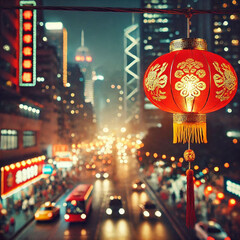 Happy chinese new year with traditional red lantern hanging for celebration, blurred street night background