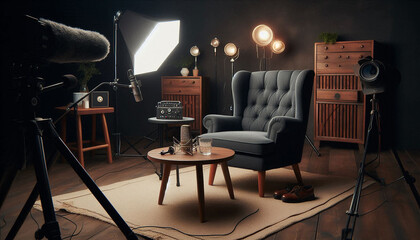 Studio setup for interview with arm chair and mic 