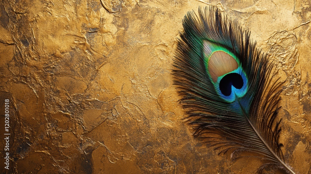 Fototapete peacock feather displaying vibrant colors against a textured golden background. generative ai