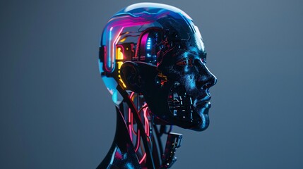 Man with an elegant appearance, colorful robotic head, narrow exposure portrait