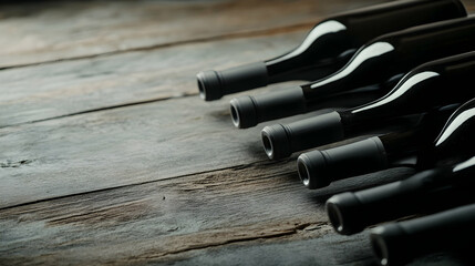 Dark wine bottles on rustic wood, ready for tasting or sale, winery background, ideal for wine label or tasting event