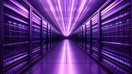 Data center server room corridor, purple light streaks,  high-tech computing infrastructure, digital processing background