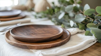 Obraz premium A rustic table setting with wooden plates, linen napkins, and natural decorations like eucalyptus leaves and pine branches.