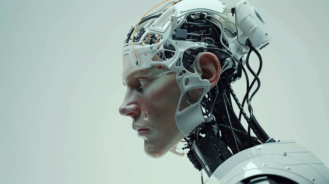 Handsome cyborg standing in a studio, complex head structure, men's brains are cyborgs