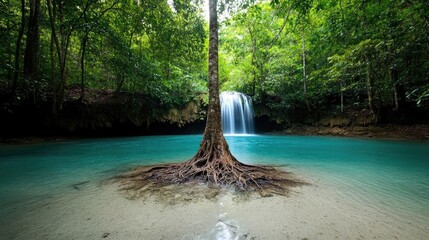 Lush Waterfall in Tropical Jungle Pool. Nature escape, travel destination