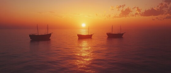 Fototapeta premium Three ships drift along the tranquil sea under a dramatic sunset, casting warm reflections over the water.