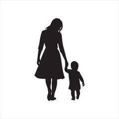 
silhouette of mom walking by the hand with the child in isolation. Silhouette of mother holding child hand flat vector illustration