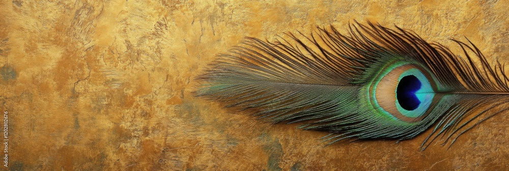Fototapete vibrant peacock feather displaying intricate patterns and colors on a textured golden background. ge