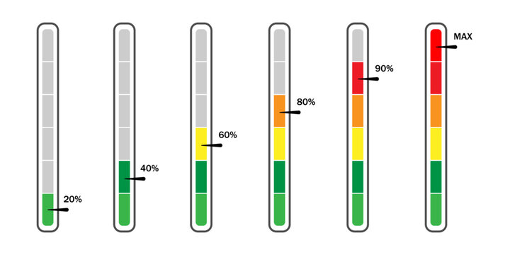 Level indicator meter illustration. Percentage units with progress bar slider. Measurement scale interface element. Abstract gauge infographic component. Control and status indicator design.