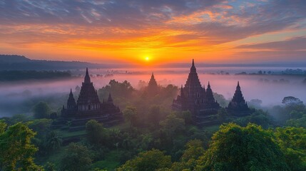Fototapeta premium Sunrise over ancient temples shrouded in mist.
