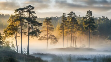 Fototapeta premium Sunrise Mist Envelops Tall Pines Beside Still Water