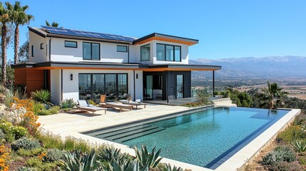 Fototapeta premium Modern Luxury Home with Pool Overlooking Scenic Landscape