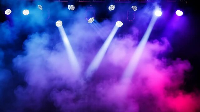 Blue and white stage lights illuminating a cloud of smoke during a performance at a concert venue
