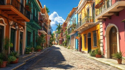 Fototapeta premium A picturesque colonial street featuring multicolored facades, wrought iron balconies, and cobblestone paths under a sunny blue sky, 4K photorealistic