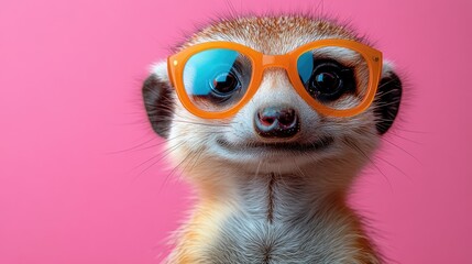 A cheerful meerkat wearing orange sunglasses against a pink background.
