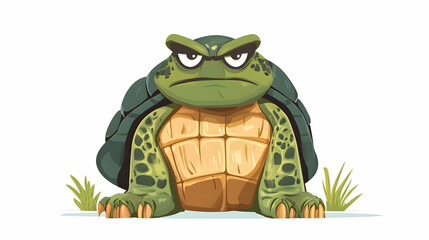 Grumpy turtle illustration, sitting in grass, cartoon style, for children's books or websites
