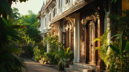 Fototapeta premium A row of colonial-style buildings with intricate carvings, tall wooden doors, and lush greenery framing the scene, captured under bright daylight,