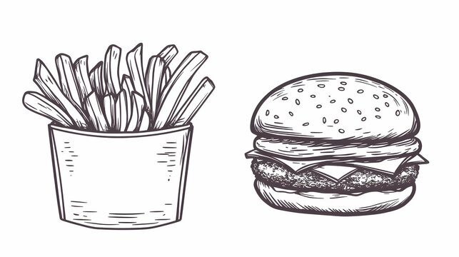 Hand-drawn burger and fries illustration; perfect for restaurant menus or food blogs