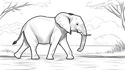 Obraz premium A single elephant walking near a riverbank, outlined with bold, thick lines, and a simple forest and water background