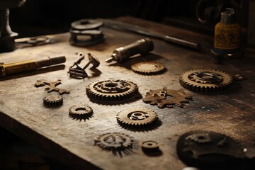 Industrial Gear Assembly on Workbench in Dramatic Lighting