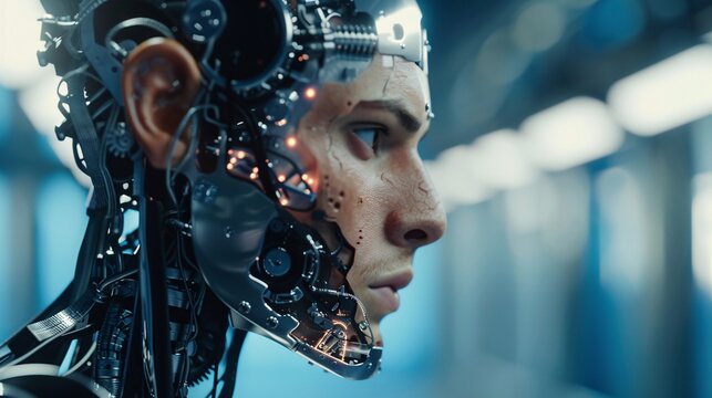 Handsome cyborg standing in a studio, complex head structure, men's brains are cyborgs