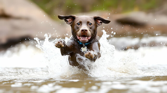 Happy chocolate lab puppy leaps playfully in a mountain stream, splashing water.  Perfect for pet, nature, or adventure websites