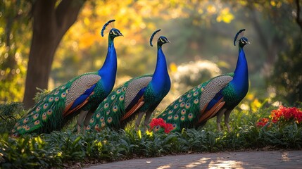 Obraz premium Three peacocks in a garden at sunrise.