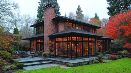 Obraz premium Cozy Brick House with Large Windows Surrounded by Autumn Foliage