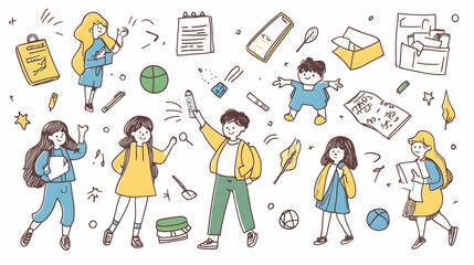 Happy students studying and playing together, classroom background, educational illustration