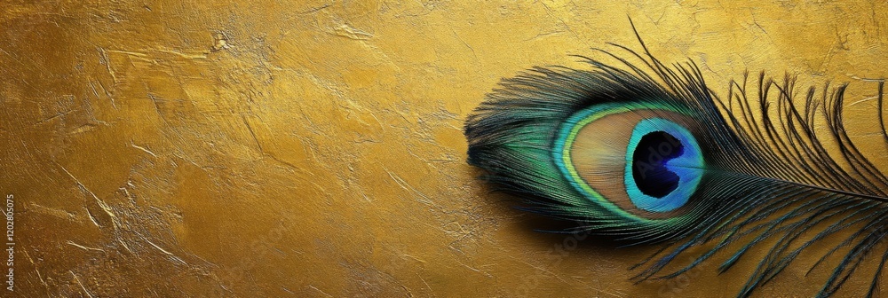 Poster vivid peacock feather against a textured golden background creates a stunning visual contrast. gener