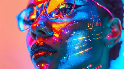 Flashy cyborg with attractive features, simple background, rainbow colors, strong makeup