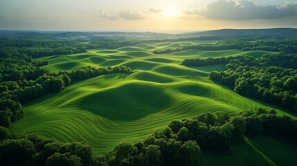 Fototapeta premium Aerial View of Rolling Green Hills and Forests at Sunset