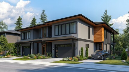 A sleek 3D render of a modern two-story house with gray exterior walls, wooden highlights, and a parking area on the right, isolated on white, 4K photorealistic