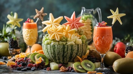 A stunning fruit arrangement featuring intricately carved melons, star-shaped kiwi slices, and elegant glassware filled with colorful smoothies and dried fruit garnishes.