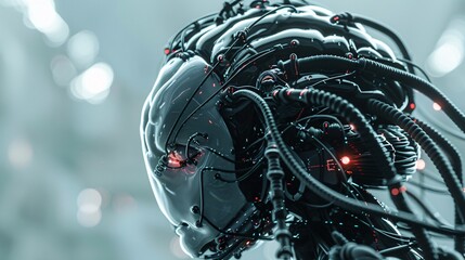 Fototapeta premium Cyborg brain with many cables, shiny ceramic surface, highly detailed