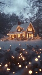 Cozy snow-covered cottage adorned with warm Christmas lights on a snowy evening.