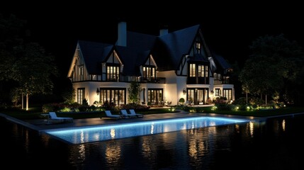 A stylish Tudor-style home with fairy roofs, a glowing pool, white stucco, black timber details, and vibrant landscaping lit beautifully at night, isolated on black, 4K
