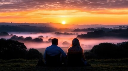 Couple watching sunrise over misty valley; romantic travel