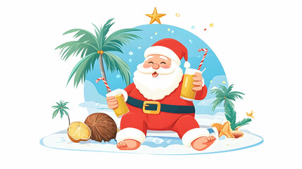 Jolly Santa enjoys tropical Christmas drinks on a beach, palm trees and snow in background; holiday greeting card