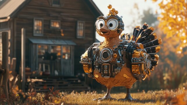 A Thanksgiving-themed mecha turkey with gold and silver details, standing in front of a traditional farmhouse, 4K photorealistic style