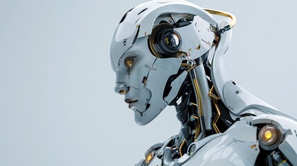 Good looking cyborg standing in a studio, European supermodel with robotic features